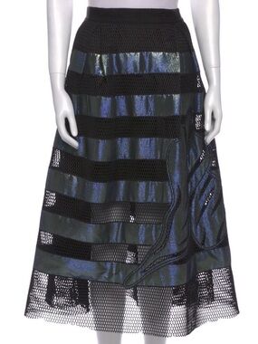 Sachin + Babi Noir sz 12 Black & Iridescent Blue A-Line Mesh Panel Midi Skirt